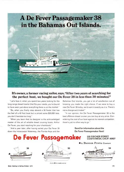 GGA Image ID # 23b6549770 A De Fever Passagemaker 38 in the Bahamas Out Islands. 1972 Print Advertisement.