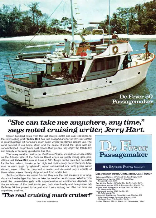 GGA Image ID # 23b78418a4 De Fever 50 Passagemaker "She Can Take Me Anywhere, Any Time," Says Noted Cruising Writer, Jerry Hart. 1973 Print Advertisement.