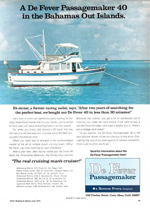 A De Fever Passagemaker 40 in the Bahamas Out Island. 1973 Print Advertisement.