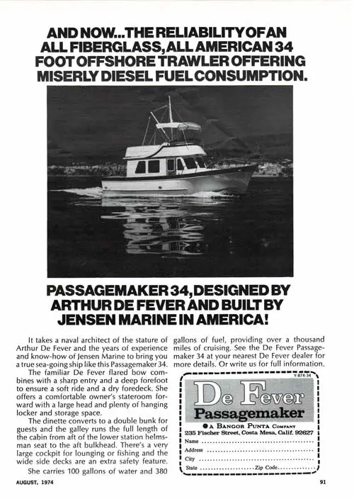 GGA Image ID # 23b62a6263 And now...the reliability of an all fiberglass, all-American 34-foot offshore trawler offering miserly diesel fuel consumption. 1974 Print Advertisement.