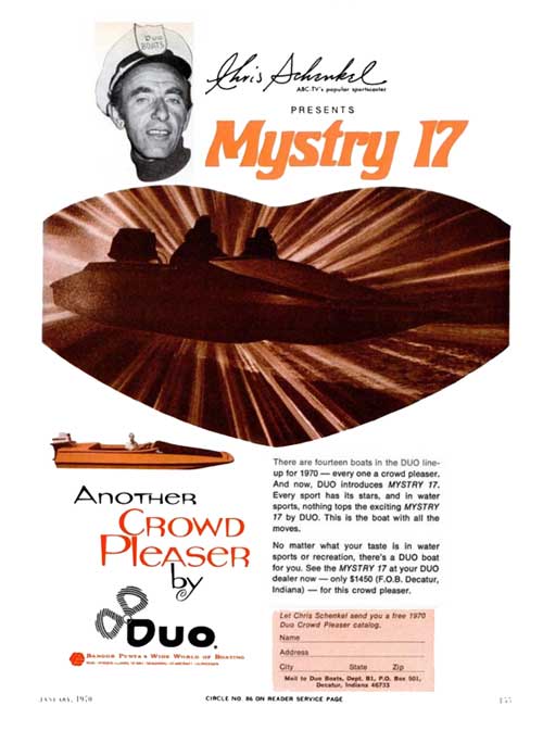 Chris Schenkel, ABC-TV's Popular Sportscaster Presents Mystry 17 - Another Crowd Pleaser by Duo. 1970 Print Advertisement.