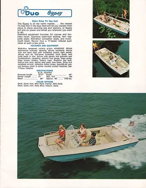 GGA Image ID # 23bd88034c The Duo Gypsy Stern Drive Tri-Vee Hull Speed Boat. 1971 Duo Catalog.