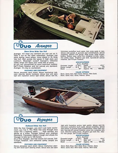 Duo Avenger with Stern Drive and Wide Vee Hull. Below: Duo Voyager with Outboard and Wide Vee Hull. Duo 1971 Catalog.