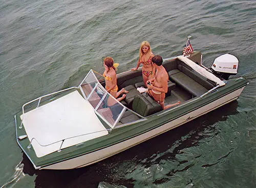 GGA Image ID # 23bd91166f Young People Anchored in Calm Waters in a DUO Roamer - Outboard Tri-V Hull.