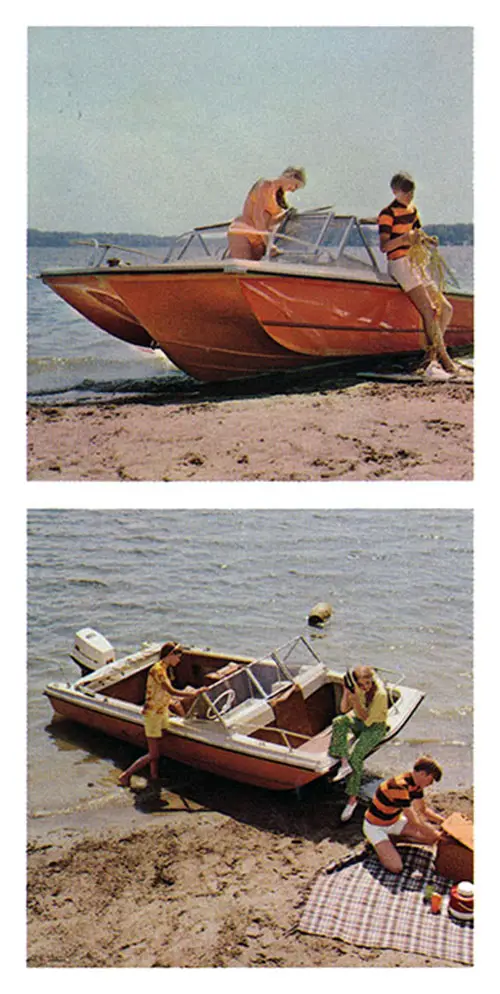 GGA Image ID # 23bf98251e Two Views of Young People Enjoying Their Duo Spoiler Tri-Vee Hull Outboard Speed Boat.