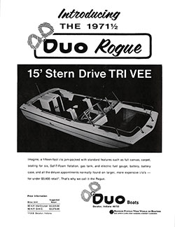 GGA Image ID # 23b9a16583 Introducing the 1971 1/2 Duo Rogue 15' Stern Drive TRI VEE. 1971 Print Advertisement.