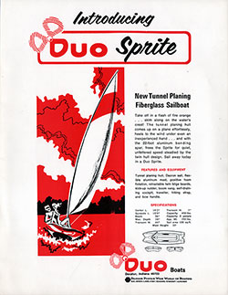 Introducing Duo Sprite New Tunnel Planing Fiberglass Sailboat. 1971 Print Advertisement.