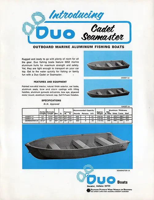 Introducing The Duo Cadet 12&14 Seamaster Outboard Marine Aluminum Fishing Boats. 1971 Print Advertisement.