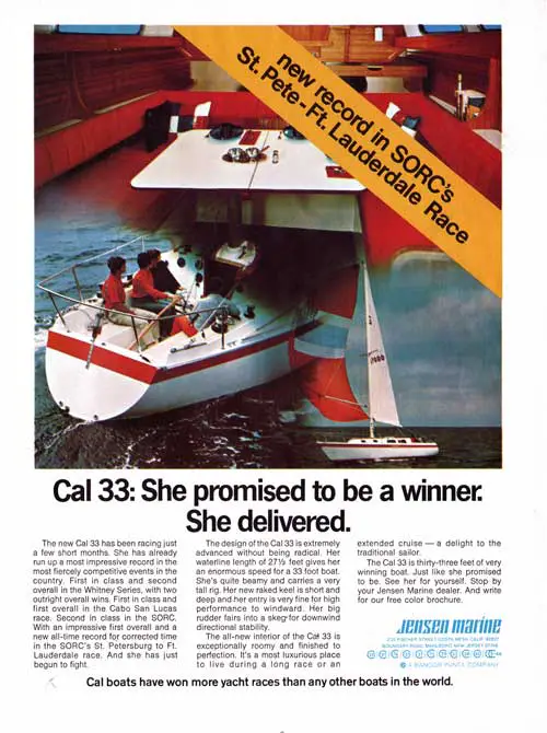 Cal 33: She Promised to Be a Winner. She Delivered. 1973 Print Advertisement.