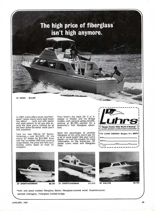 GGA Image ID # 23d2451ff6 The High Price of Fiberglass Isn't High Anymore. Luhrs Print Advertisement from January 1967.