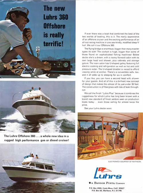 The New Luhrs 360 Offshore Is Really Terrific! Electronics Courtesy of Raytheon. 1972 Print Advertisement.
