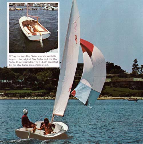 Couple Sailing near Shoreline on a Day Sailer II. Inset Photo Is the Hull of the Original Day Sailer. Both Were Accepted by the Day Sailer Class Association.