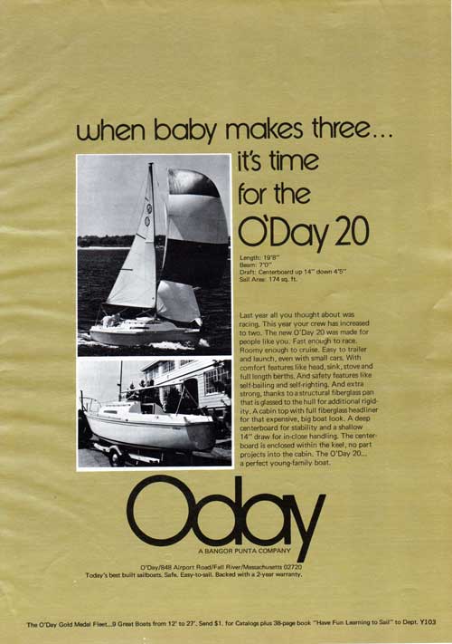 When Baby Makes Three. It's Time for the O'Day 20. 1973 Print Advertisement.