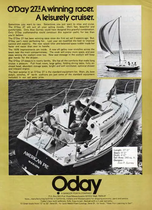 O'Day 27 II Yacht: A Winning Racer. A Leisurely Cruiser. 1975 Print Advertisement.