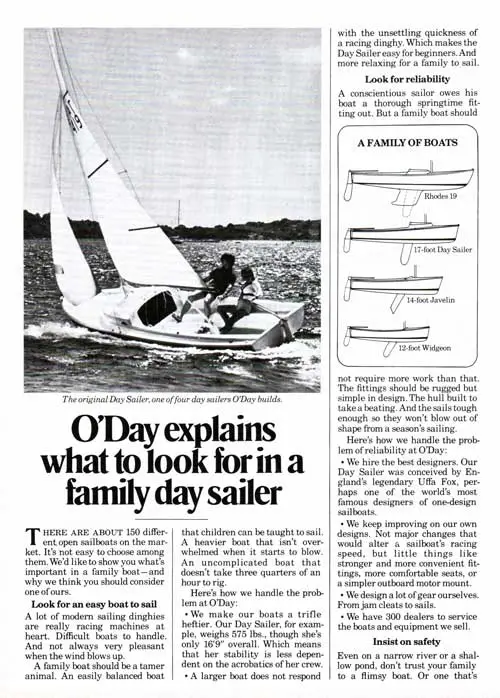 O'Day Explains What to Look For in a Family Day Sailer. 1976 Print Advertisement. Page 1 of 2.