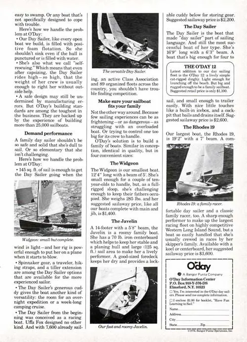 O'Day Explains What to Look For in a Family Day Sailer. 1976 Print Advertisement. Page 2 of 2.