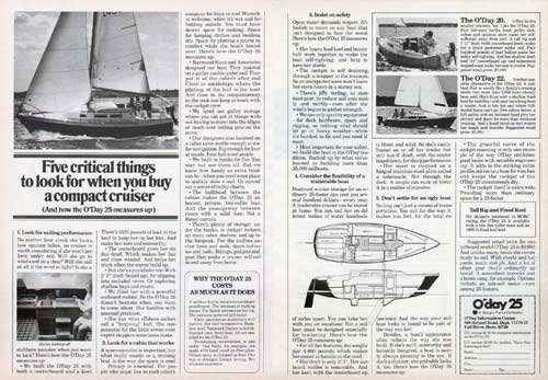 O'Day 25 Yacht: Five Critical Things To Look For When You Buy A Compact Cruiser. 1976 Two-Page Print Advertisement.