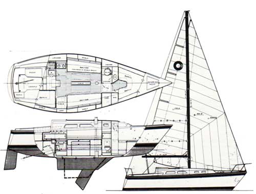 Three Views of the Schematics of the O'Day 30 Yacht.