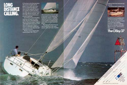 Long Distance Calling. the O’day 37 Yacht Sailing in Rough Weather. 1979 Two-Page Print Advertisement.