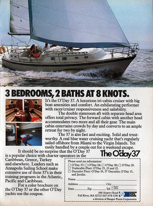 GGA Image ID # 303ent6cs2 3 Bedrooms, 2 Baths, at 8 Knots. The O'Day 37 Yacht. 1982 Print Advertisement.