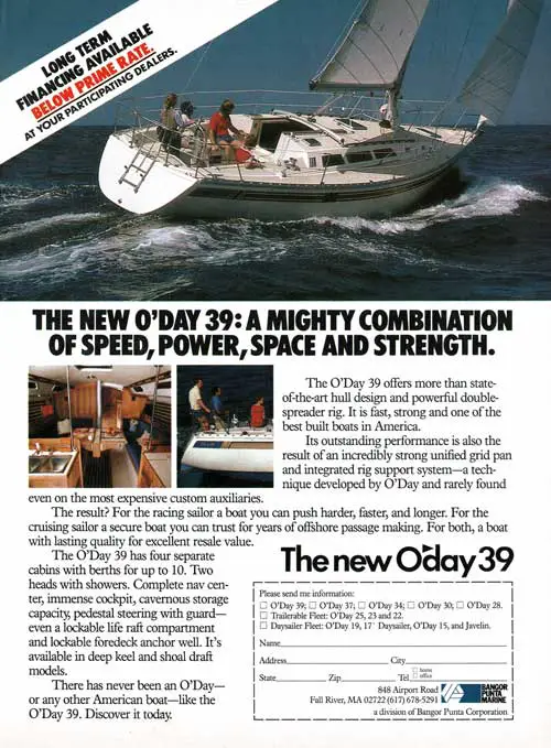GGA Image ID # 3053exmswm The New O'Day 39: A Mighty Combination of Speed, Power, Space and Strength. 1982 Print Advertisement.