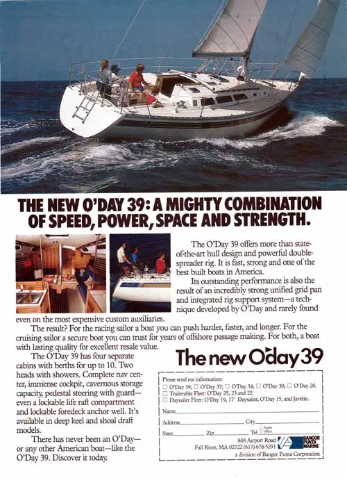 The New O'Day 39: A Mighty Combination of Speed, Power, Space, and Strength. The New O'Day 39 Yacht. 1983 Print Advertisement.