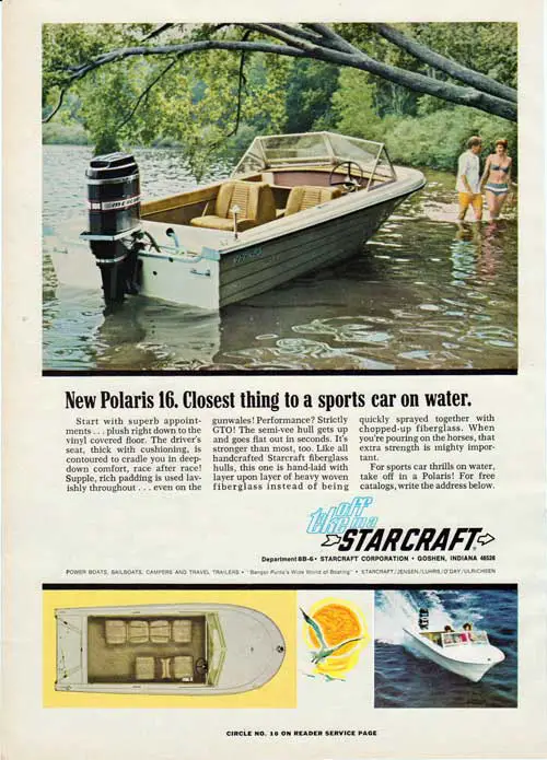 The New Polaris 16 Powerboat by STARCRAFT. The Closest Thing to a Sports Car on Water. 1968 Print Advertisement.