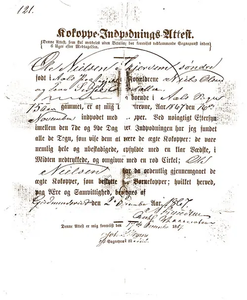 GGA Image ID # 2220043ea9. Click to View a Larger Image. Kokoppe Indpodnings Uttest (Cowpox Innoculation Certificate) for Ole Nielsen Skjervem, 1867.