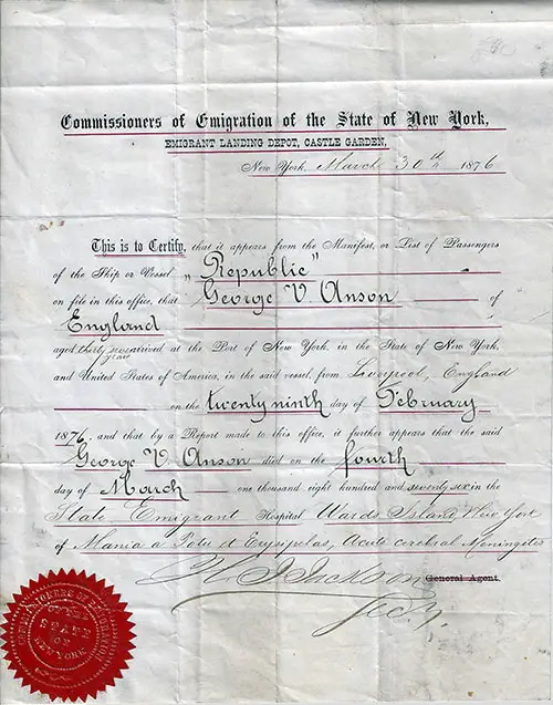 GGA Image ID # 221ffe98ac Death Certificate for an Immigrant Who Died at New York’s Ward Island Quarantine Hospital From Mania a Potu, Erysipulas, and Acute Cerebral Meningitis, 1876.