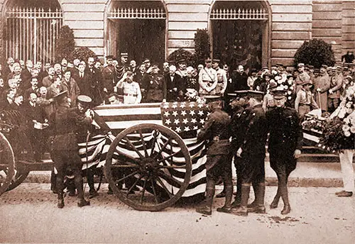 GGA Image ID # 18062bdb5c Black Draped Gun Carriage Receiving Flag-Draped Casket of Unknown Soldier.