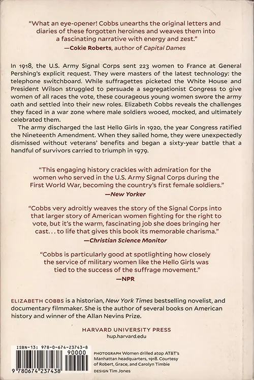 GGA Image ID # 2369a0f1dc Back Cover, The Hello Girls, America's First Women Soldiers by Elizabeth Cobbs, 2017.