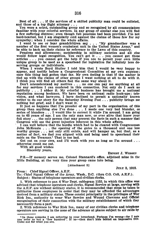 GGA Image ID # 2376428724. Click to View a Larger Image. Attachment 4, Part 3: Letter from CAPT Ernest James Wessen, US Army Signal Corps (Ret.) to Mrs. H. R. Anderson Regarding the Hello Girls in World War I.