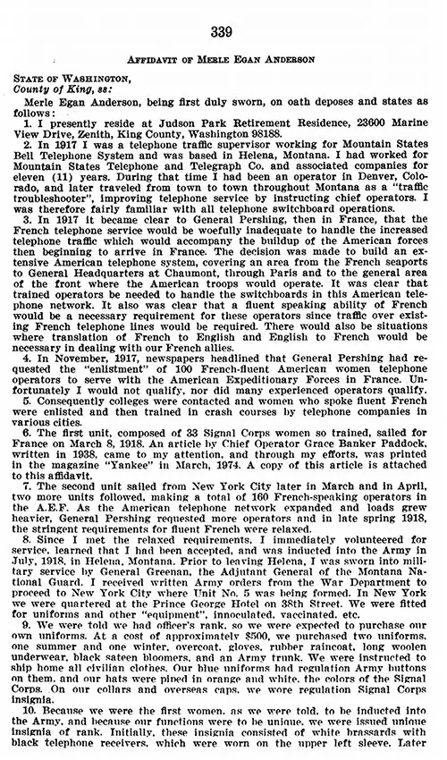 GGA Image ID # 19aa824974. Click to View a Larger Image. Part 1, Affidavit of Merle Egan Anderson in Recognition for Purposes of VA Benefits, Hearing before the Committee on Veterans' Affairs, United States Senate, Ninety-Fifth Congress, First Session on S. 247, S. 1414, S. 129, and Related Bills. Washington, DC: US Government Printing Office, 25 May 1977.
