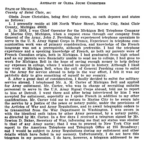 Part 1, Appendix B: Affidavit of Oleda Joure Christides, in Recognition for Purposes of VA Benefits, Hearing before the Committee on Veterans' Affairs, United States Senate, Ninety-Fifth Congress, First Session on S. 247, S. 1414, S. 129, and Related Bills. Washington, DC: US Government Printing Office, 25 May 1977.