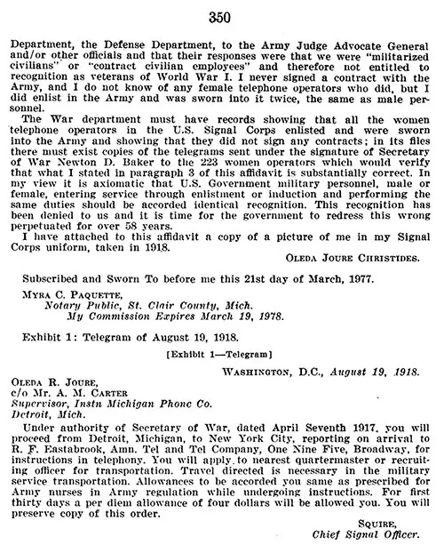 Part 4, Appendix B: Affidavit of Oleda Joure Christides, in Recognition for Purposes of VA Benefits, Hearing before the Committee on Veterans' Affairs, United States Senate, Ninety-Fifth Congress, First Session on S. 247, S. 1414, S. 129, and Related Bills. Washington, DC: US Government Printing Office, 25 May 1977.