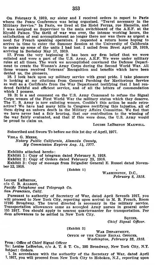 GGA Image ID # 236d23c5e5. Click to View a Larger Image. Affidavit of Louise LeBreton Maxwell, Part 4 of 5. Hearing before the Committee on Veterans' Affairs, United States Senate, Ninety-Fifth Congress, First Session on S. 247, S. 1414, S. 129, and Related Bills. Washington, DC: US Government Printing Office, 25 May 1977.
