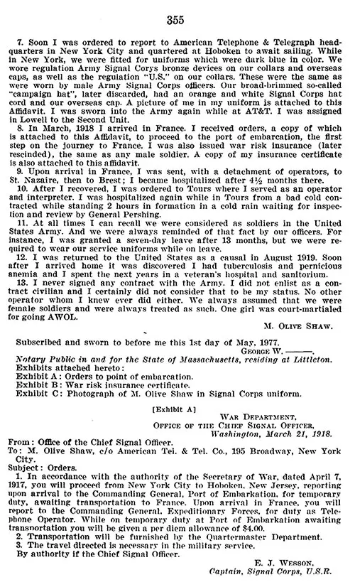 GGA Image ID # 236dc1dc60. Click to View a Larger Image. Part 2, Appendix B: Affidavit of M. Olive Shaw, in Recognition for Purposes of VA Benefits, Hearing before the Committee on Veterans' Affairs, United States Senate, Ninety-Fifth Congress, First Session on S. 247, S. 1414, S. 129, and Related Bills. Washington, DC: US Government Printing Office, 25 May 1977.