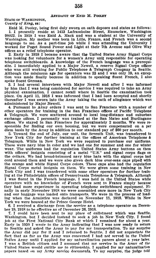 GGA Image ID # 19a2ee6903 Part 1, Appendix B: Affidavit of Enid M. Pooley (Née Mack), Recognition for Purpose of VA Benefits, Hearing Before the Committee on Veterans' Affairs, United States Senate, Ninety-Fifth Congress, First Session, on S. 247, S. 1414, S. 129, and Related Bills, 25 May 1977.