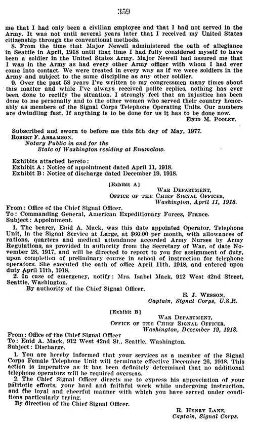 GGA Image ID # 237c517ef4. Click to View a Larger Image. Part 2, Appendix B: Affidavit of Enid M. Pooley (Née Mack), Recognition for Purpose of VA Benefits, Hearing Before the Committee on Veterans' Affairs, United States Senate, Ninety-Fifth Congress, First Session, on S. 247, S. 1414, S. 129, and Related Bills, 25 May 1977.