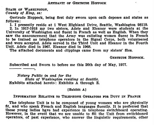 Affidavit of Gertrude Hoppock submitted in 1977 referencing Adele and Eleanor Hoppock.