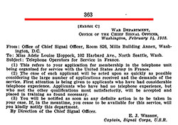 Typed 1918 memo from Capt. E. J. Wesson, U.S. Army Signal Corps, to Adele Louise Hoppock regarding her application for service in France.