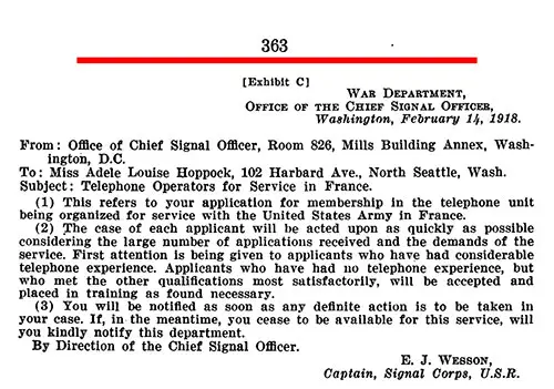 GGA Image ID # 23764c27fd. Click to View a Larger Image. Exhibit C: Affidavit of Gertrude Hoppock: Memo from Capt. E. J. Wesson, US Army, 14 February 1918.