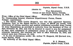 Typed 1918 memo from Capt. E. J. Wesson, U.S. Army Signal Corps, appointing Adele Louise Hoppock as Telephone Operator.