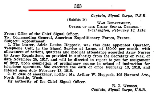 GGA Image ID # 23769075c7. Click to View a Larger Image. Exhibit D: Affidavit of Gertrude Hoppock: Memo from Capt. E. J. Wesson, US Army, 13 February 1918.