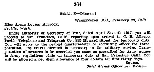 [Exhibit E—Telegram]: Affidavit of Gertrude Hoppock: Telegram from Squire/Wesson, US Army, 20 February 1918
