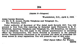Telegram from Maj. Gen. Squier to Adele Louise Hoppock – 1918