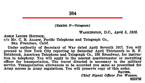 [Exhibit F—Telegram]: Affidavit of Gertrude Hoppock: Telegram from Squire/Wesson, US Army, 5 April 1918.