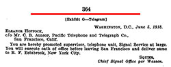 Telegram from Maj. Gen. Squier to Eleanor Hoppock – 1918