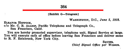 [Exhibit F—Telegram]: Affidavit of Gertrude Hoppock: Telegram from Squire/Wesson, US Army, 5 June 1918.