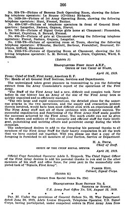 Exhibit J: First Army memo with addendum to Operator Adele L. Hoppock, April 1919